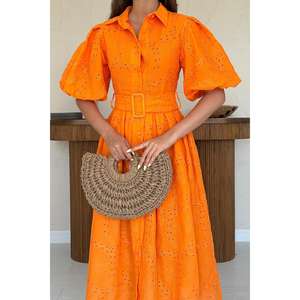Robe plissée orange à manches ballon, élégante et décontractée, pour femme, style ODM, longueur genou, avec fermeture éclair et volants, pour le quotidien, taille XS - Product Image 2