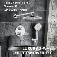 Ensemble de douche mural de luxe européen chromé avec mitigeur 3 voies, poignée unique, douche pluie encastrée et cartouche céramique
