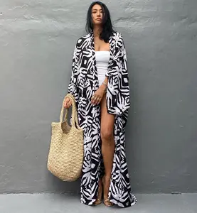Blanc et noir couleur cover up 2022 rayonne tissu aftan robes kimino robe bikini couverture ups kimono plage cover up