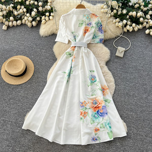 Robe chemise élégante imprimée de style français pour femme, version coréenne à manches courtes printemps-été, taille haute, coupe trapèze longue - Product Image 4