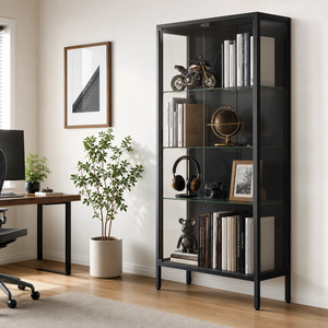 Vitrina de Bambú Aauro para el Hogar con Puertas de Vidrio, 3 Luces de Colores, Sensor de Movimiento, Estantes de Vidrio Ajustables, Librería para Artículos Decorativos - Product Image 2