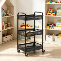 Chariot de rangement roulant moderne à 3 niveaux en métal grillagé avec crochets et porte-gobelets, chariot utilitaire à roulettes pour cuisine, salle de bain, bureau