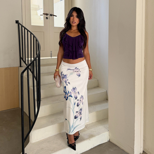 Jupe longue élégante à double couche, style chinois vintage, imprimé orchidée violette, taille basse, coupe droite, pour femme tendance - Product Image 4