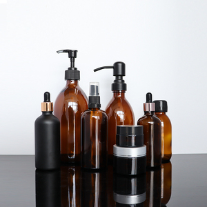 Frasco de vidrio ámbar grueso Dispensador de desinfectante de manos <span class=keywords><strong>Baño</strong></span> con bomba de acero inoxidable negro mate 12 oz Botella redonda Boston transparente - Product Image 1