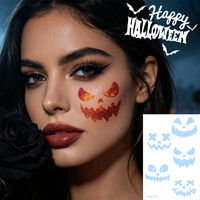 Stiker Tato Temporer Bubuk Glitter OEM Kustom Motif Tengkorak Kelelawar Labu untuk Seni Tubuh DIY Halloween Grosir