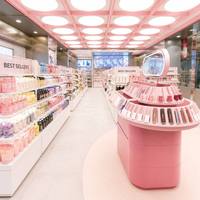 Ensemble de meubles de présentation pour magasin de cosmétiques personnalisés, kiosque rond rose pour la présentation des rouges à lèvres, décoration intérieure pour boutique de maquillage