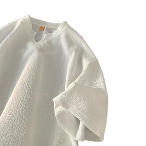 Camiseta de Verano para Hombre, Estilo Vintage, Transpirable, de Manga Corta, con Cuello Redondo, Texturizada, con Cuentas y Diseño Sólido - Product Image 5