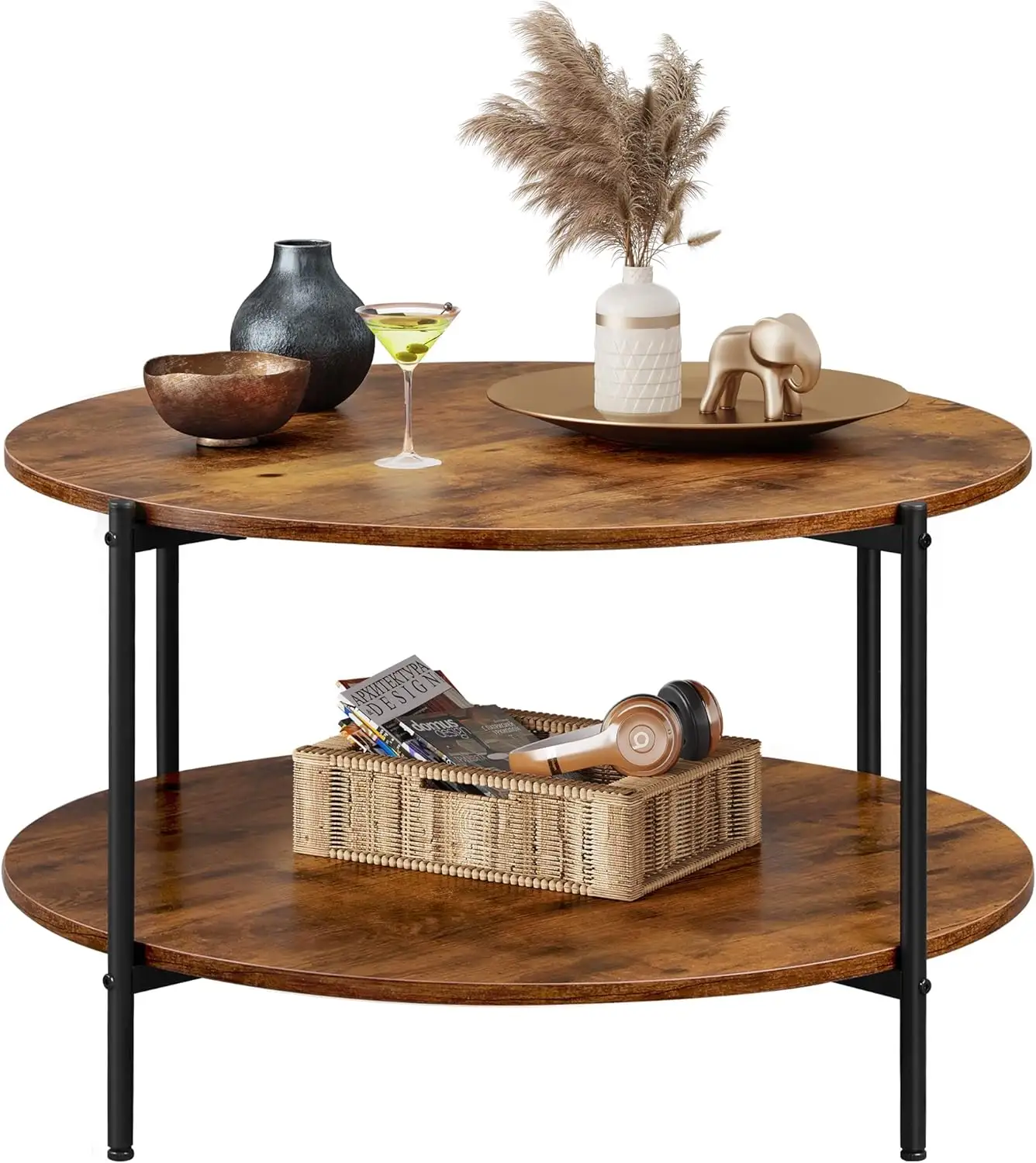 Wood Modern Round Walnut Vintage Coffee Table with 2-Tier Storage Shelf