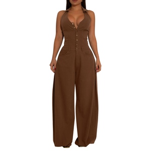 Combinaison décontractée pour femmes, sans manches, col en V, dos nu, boutonnée sur le devant, tendance - Product Image 1