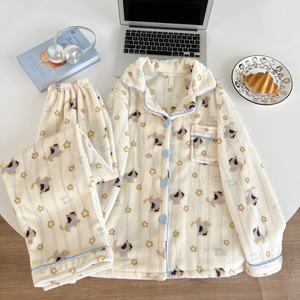 Sleepwear Sets 116# Winter Flannel Cardigan Lapel <strong>Pyjamas</strong> Ladies Cartoon Casual Suit Pajamas - Product Image 3