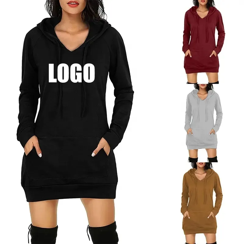 2023 Logo personnalisé pull à capuche à manches longues lâche mi-longueur dames mode couleur unie longue robe sweats à capuche femmes