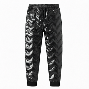 <b>Men's</b> Mid Waist Lightweight Quilted PU Coated Jogger <b>Pants</b> Elastic Waist Drawstring Windproof Winter Casual Wear Multi-Pocket - Product Image 1