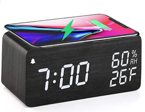 Đồng hồ báo thức điện tử LED bằng gỗ sạc đầu giường câm không dây sạc kỹ thuật số đồng hồ bằng gỗ - Product Image 6
