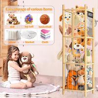 Organisateur de rangement pour animaux en peluche en bois, rangement pour peluches avec bande élastique et fond en maille