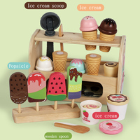 Juego de simulación de heladería rosa para niñas, juguete de madera con cuchara, menú y dinero para niños pequeños