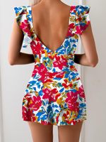 Maillot de bain une pièce monokini amincissant pour femme, personnalisé OEM, avec manches à volants, découpes florales, col en V et effet ventre plat, vente en gros