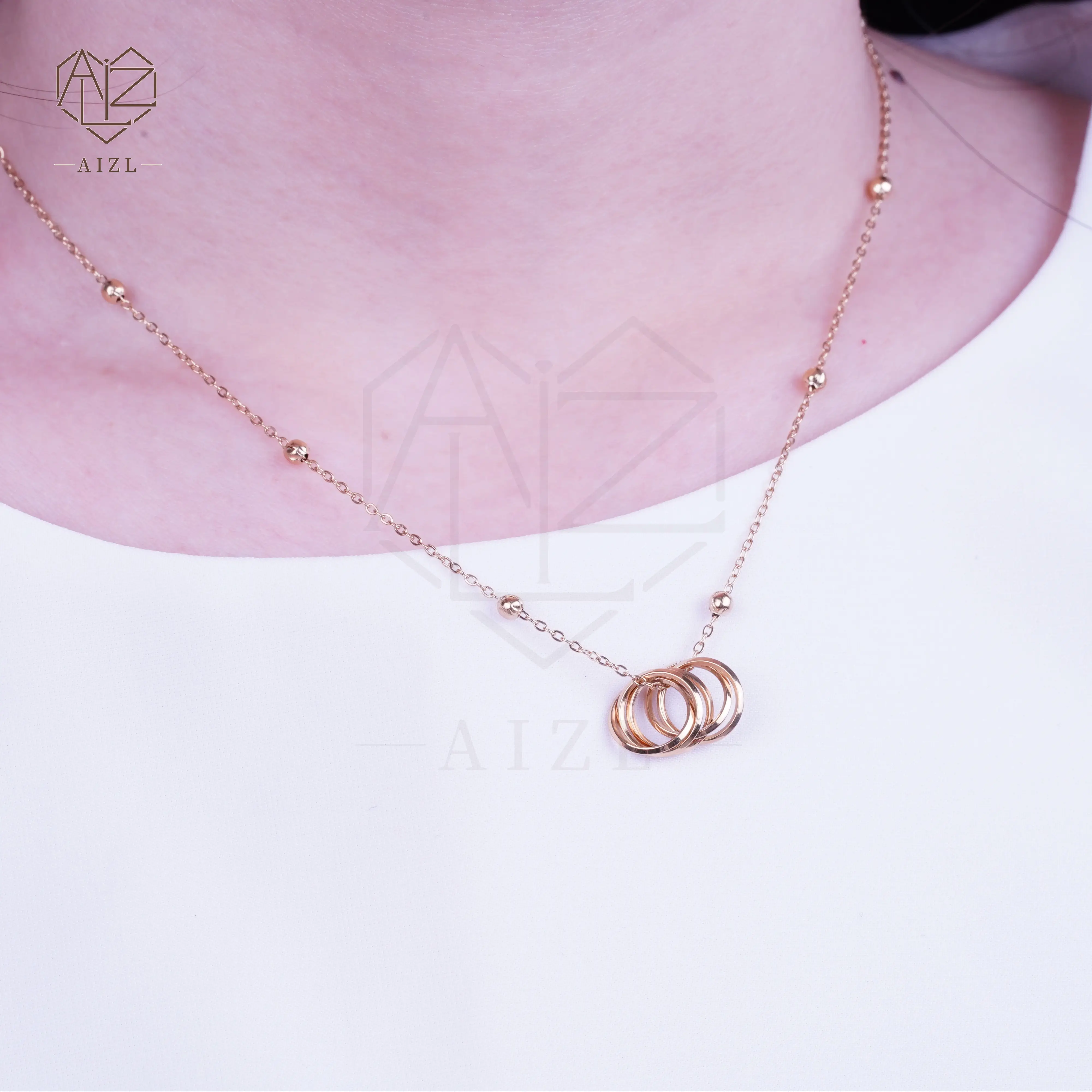 AIZL – bijoux de mode en acier inoxydable creux chiffres romains plaqué or Rose Zircon Triple anneaux collier