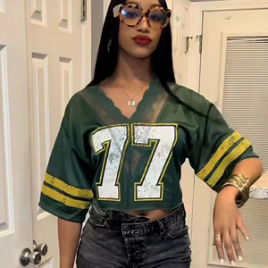 Maglietta sportiva Casual in <span class=keywords><strong>pizzo</strong></span> Patchwork con scollo a V in <span class=keywords><strong>maglia</strong></span> <span class=keywords><strong>corta</strong></span> da donna - Product Image 1