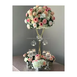 Wedding centerpieces gold flower stand silk pink rose flower ball with hanging acrylic ball decoration
