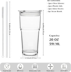 Set <span class=keywords><strong>di</strong></span> 2 Bicchieri in Vetro Trasparente da 20oz con Coperchio, Tazze da Caffè Rinforzate, Bicchieri con Cannuccia per Frullati, Tè, Latte, Whisky - Product Image 2