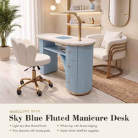 Table de manucure professionnelle avec aspirateur de poussière, plateau en marbre blanc cannelé bleu, finition dorée, mobilier de salon de manucure avec chaise, OEM