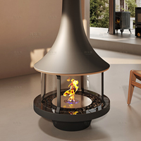 Poêle à bois suspendu moderne en métal en forme de cloche avec base rotative à 360 degrés et bouclier en verre – Cheminée d'intérieur contemporaine