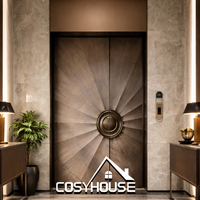 Porte d'entrée principale double de luxe, moderne, en métal, pour villa, avec design soleil couchant, finition bronze