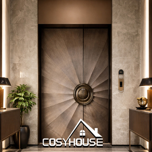 ประตูทางเข้าหลักคู่หรูหราทันสมัย ทำจากโลหะ สำหรับบ้านวิลล่า ดีไซน์ลายรัศมีแสงอาทิตย์ สีบรอนซ์ - Product Image 1