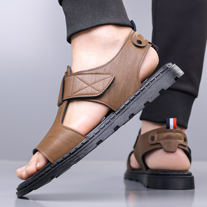 Men's Summer Flat Sandals Genuine Leather Open Toe <b>Hook</b> Loop Casual Anti Slip Beach <b>Shoes</b> Rubber Outsole - Product Image 2