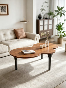 Mesa de Centro de Madera Maciza con Forma de Nube, Patas Cónicas Negras, Estilo Japonés Minimalista, Mesa de Té para Sala de Estar - Product Image 1