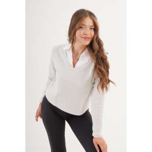 Wholesale Ladies Formal Blouse Embroidered Logo Grey <b>Shirt</b> Collar Trimmed Free XL Loose <b>Collarless</b> Silk Chiffon Poplin Knitted - Product Image 5