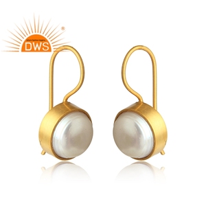 Round Natural <b>Pearl</b> <b>Earring</b> Women's Yellow Gold Plated 925 Sterling Silver <b>Earrings</b> Jewelry Manufacturer Dainty Collection - Product Image 2