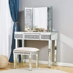 Glam Mirrored Glass Dressing Table Set Crystal Handles Vanity Table Makeup Desk For Bedroom Furniture