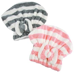 Bonnet de séchage des cheveux en polaire corail rayé, serviette de bain épaisse et mignonne avec absorption rapide, bandeau pour la tête pour la maison ou les voyages - Product Image 1