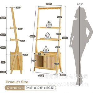 Bamboo Floor Standing <b>Coat</b> Rack 3 Tier Storage <b>Shelf</b> <b>With</b> <b>Hooks</b> Entryway Bedroom Multi Functional Organizer Cabinet - Product Image 2