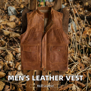 New Men's Vintage <b>Outdoor</b> Hunting <b>Sport</b> Canvas Genuine Leather Waterproof Zip Pocket Jacket - Product Image 2