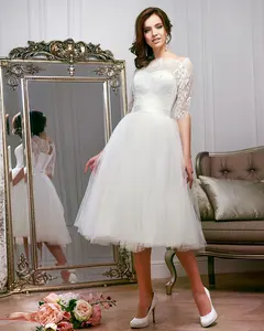 Knielengte Korte Bruidsjurken Zomer Vestido De Noiva Curto Half Mouwen Lace Tulle Little White Dress Casamento