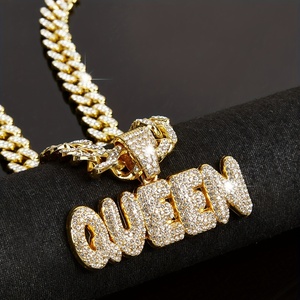 Girocollo con ciondolo alla moda per rapper placcato in lega di zinco, bianco Non magnetico, mosaico di strass, resistente e accattivante - Product Image 1