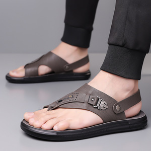 Sandalias con Correa en T para Hombre, de Cuero Genuino, Punta Abierta, Suela de Goma Antideslizante, Zapatos Casuales para Playa y Conducir - Product Image 3
