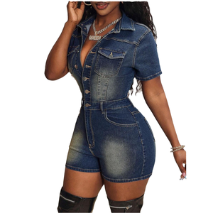 Mono vaquero de manga corta para mujer 2026, estilo casual, de una pieza, ropa de calle, mono vaquero de verano, atuendo de moda - Product Image 1