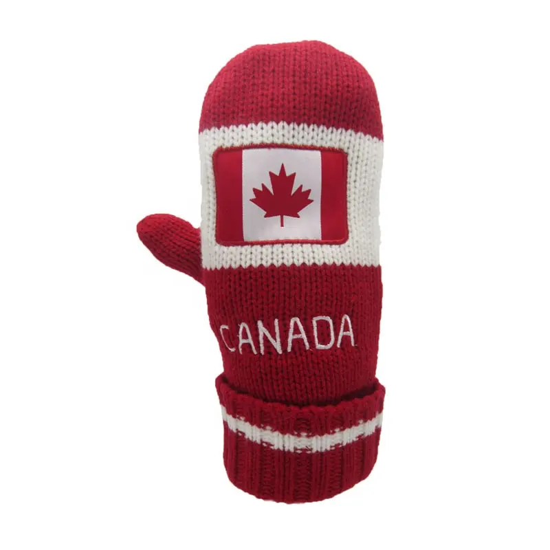 Custom Canada Maple Jacquard Winter Knitted Gloves with Embroidery Patch Fleece Lined Thermal Soft Knitted Ski Mittens