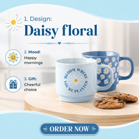 Ensemble de tasses à slogan imprimé, illustration florale, céramique crème, vente en gros, café, thé, maison, bureau, cuisine, café, bar, hôtel, table, cadeau, décoration