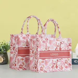 กระเป๋าถือลายดอกไม้ผ้าใบสีชมพูความจุขนาดใหญ่ผู้หญิงลามิเนตผ้าฝ้ายกระเป๋าช้อปปิ้ง