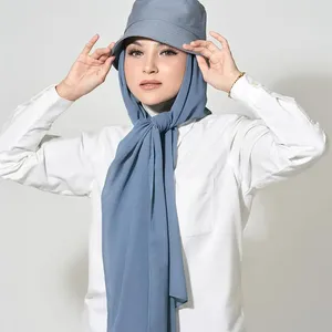 Yomo批发供应商准备穿穆斯林女性即刻头巾乔其纱披肩带棒球帽雪纺运动头巾带帽