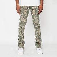 Nouveau High Street Fashion Cargo Denim Pantalon Logo personnalisé Poche Cargo Arbre Imprimer Flare Jeans Hommes Forêt Camouflage Empilé Jeans