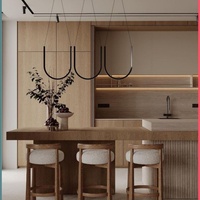 Meuble de cuisine Shaker minimaliste en stratifié de placage de bois et mélamine, îlot en pierre de quartz floculée cannelée incurvée, personnalisé