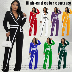 <span class=keywords><strong>Elegante</strong></span> Tuta Intera a Contrasto per Donne, Romper da Ufficio di Alta Qualità con Maniche Lunghe e Cintura, Taglie S-2XL - Product Image 1