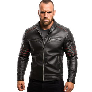 Autumn Europe America New <b>Men</b> Clothing Trend Standing Collar Fashion Slim Fit <b>Men's</b> Leather <b>Jacket</b> <b>Canvas</b> Fabric Plain Dyed - Product Image 3