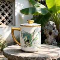 Ensemble de tasses à café en porcelaine fine classique de luxe avec poignée dorée et couvercle, infuseur à thé réutilisable et grande capacité