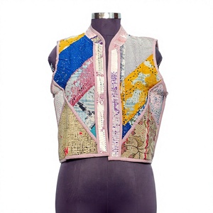 Handmade 100% Pure Cotton Breathable <b>Kantha</b> Women's Printed Non Woven Floral Pattern Spring/Autumn Quilted <b>Jacket</b> Cut Sleeve - Product Image 1